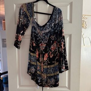 Free People Asymmetrical Dress in Black and Blue Floral